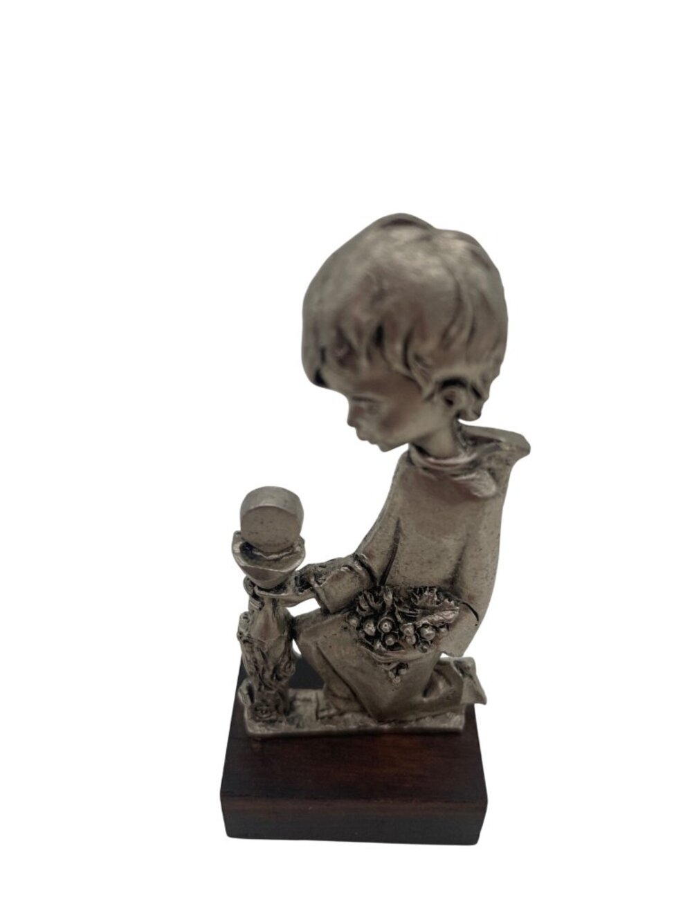 Vintage Pewter Boy Chalice Figurine On Wooden Base 3.5 Inches Tall